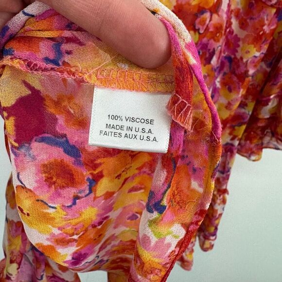 MISA Los Angeles Yasemin Bright Pink Orange Yellow Floral Chiffon Bell Sleeve Mi - Picture 15 of 16